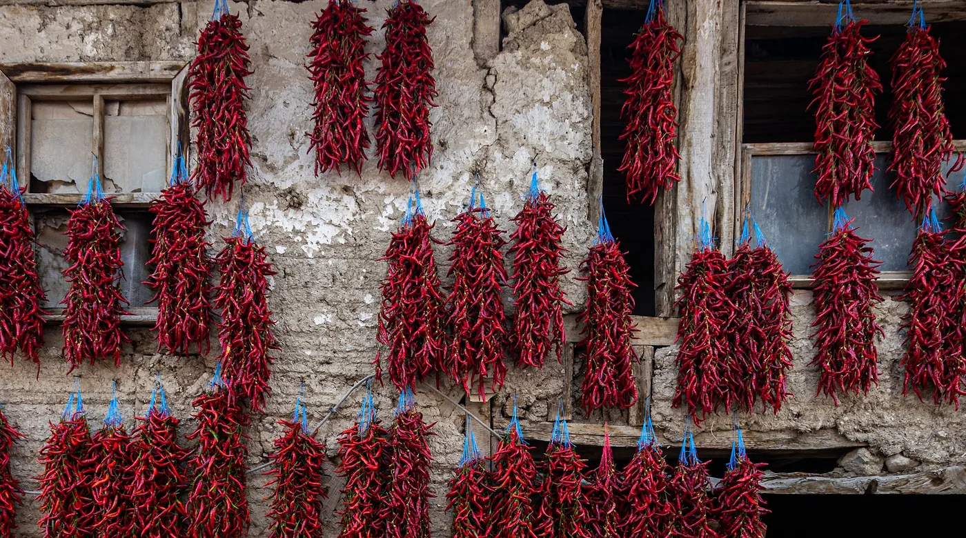 Ristras de chile seco colgadas en un muro